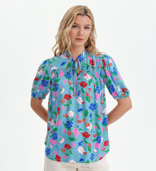 Macie Blue Floral Shirred Yoke Puff Sleeve Top