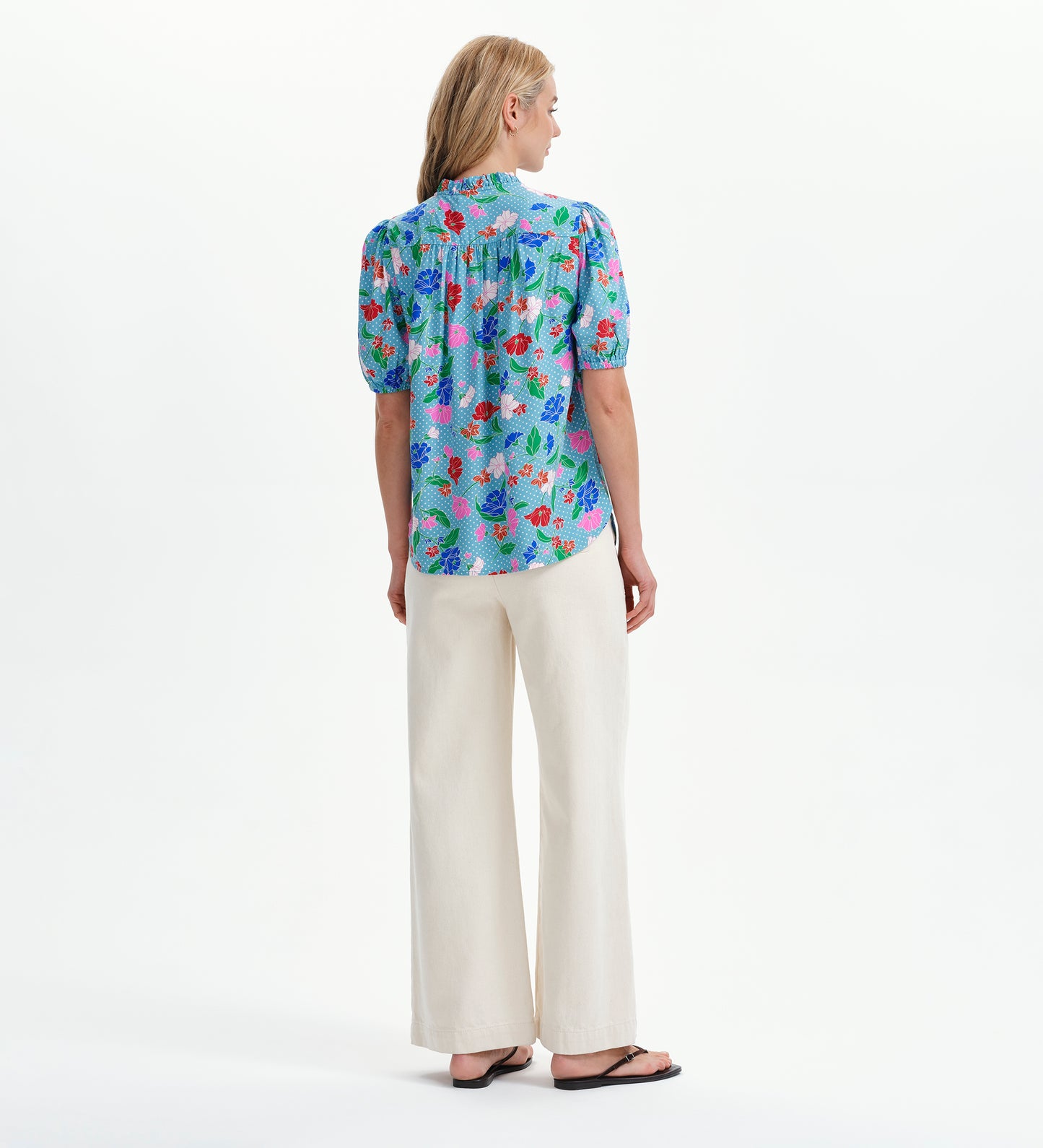 Macie Blue Floral Shirred Yoke Puff Sleeve Top