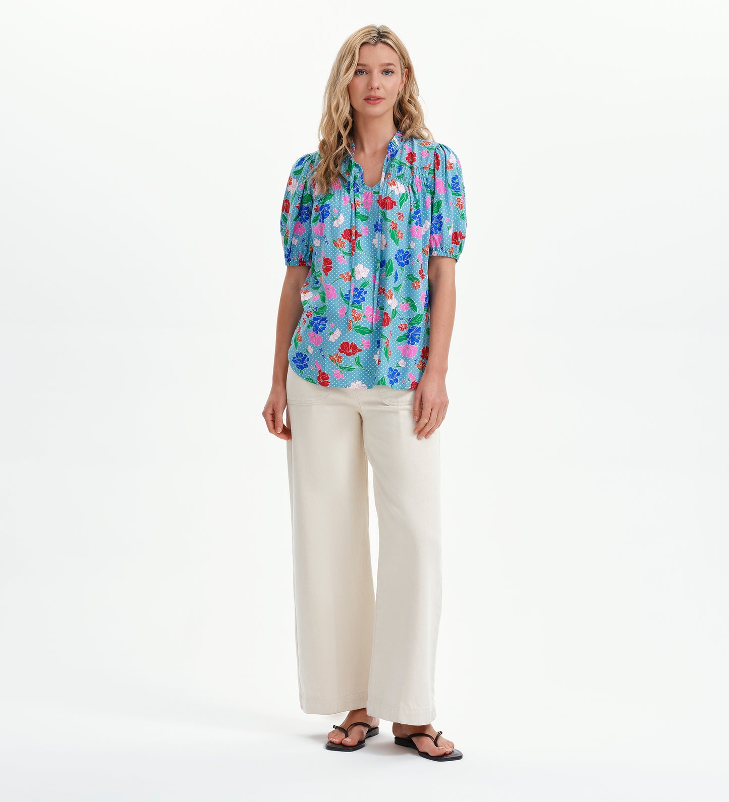 Macie Blue Floral Shirred Yoke Puff Sleeve Top