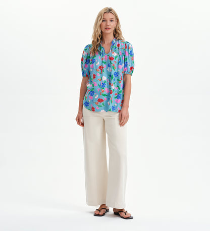 Macie Blue Floral Shirred Yoke Puff Sleeve Top