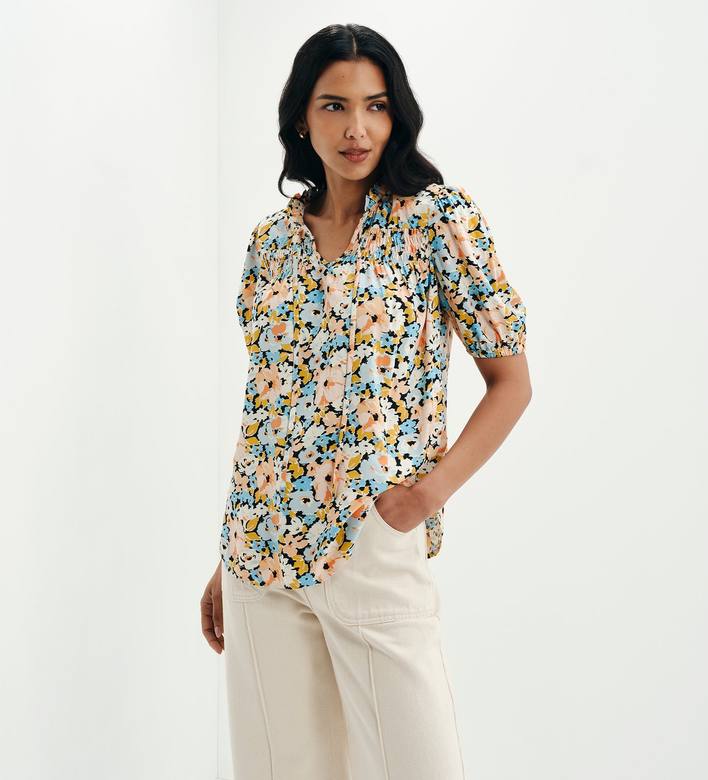 Macie Peach Floral Shirred Yoke Puff Sleeve Top