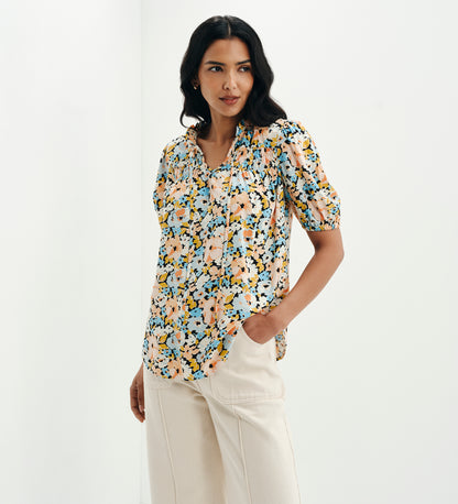 Macie Peach Floral Shirred Yoke Puff Sleeve Top