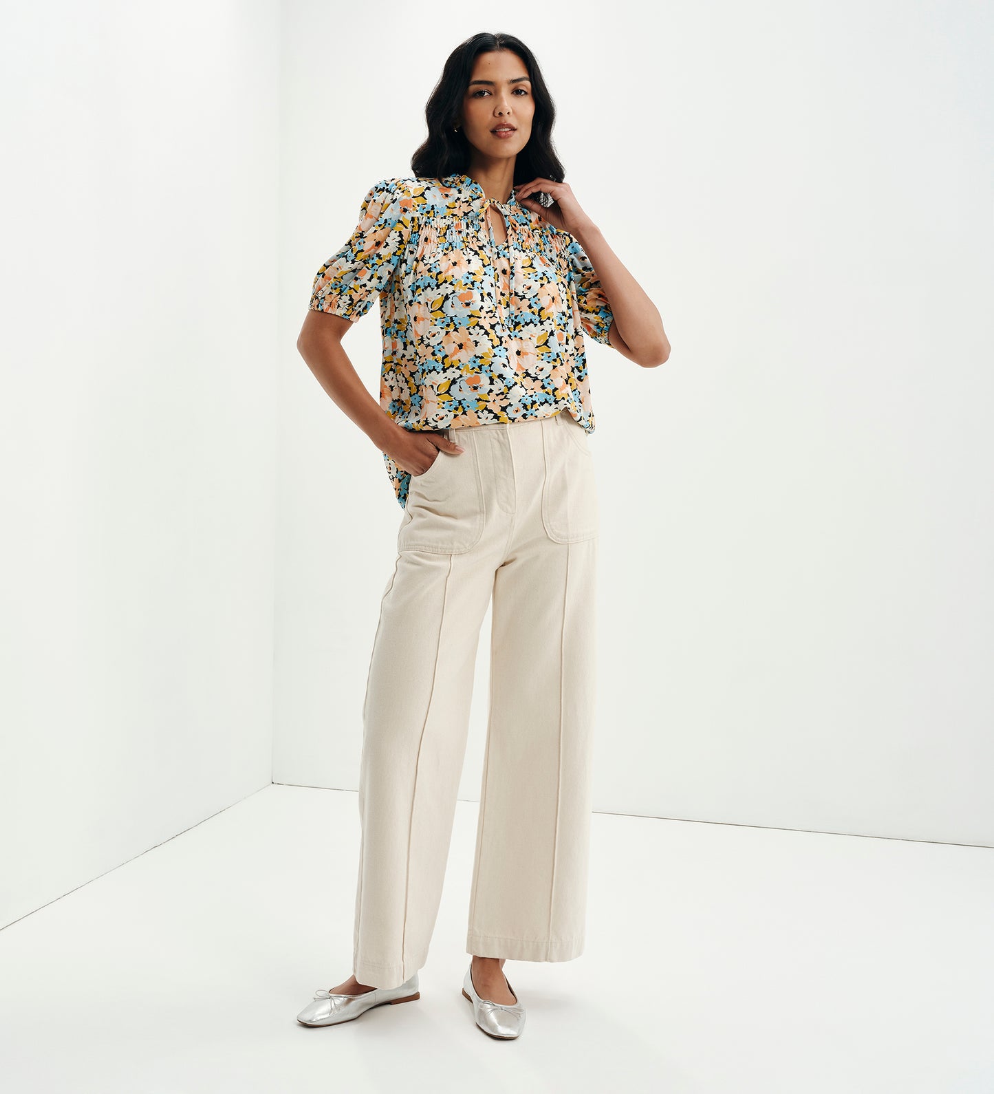 Macie Peach Floral Shirred Yoke Puff Sleeve Top