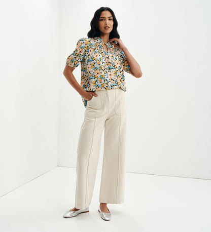 Macie Peach Floral Shirred Yoke Puff Sleeve Top