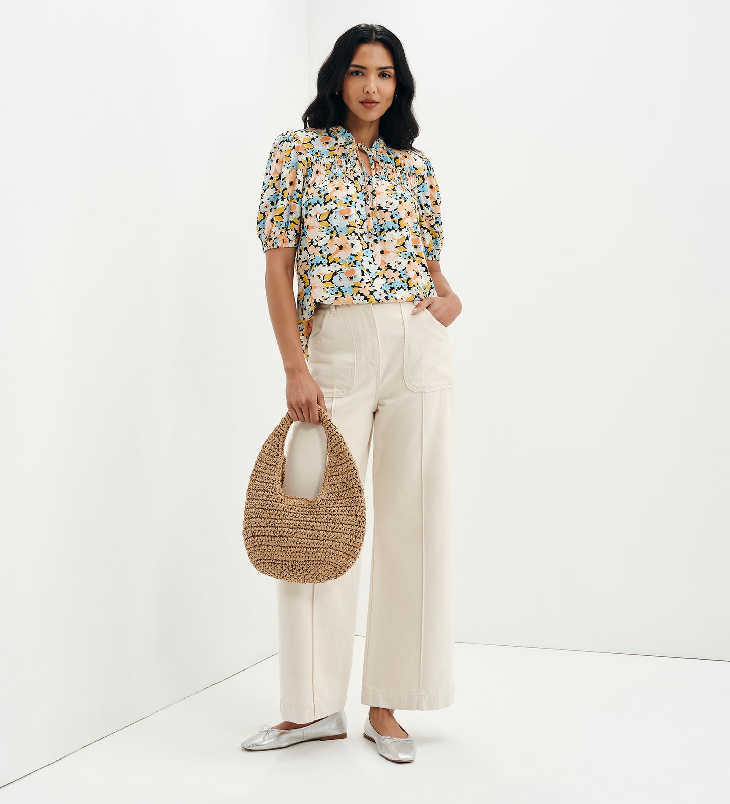 Macie Peach Floral Shirred Yoke Puff Sleeve Top