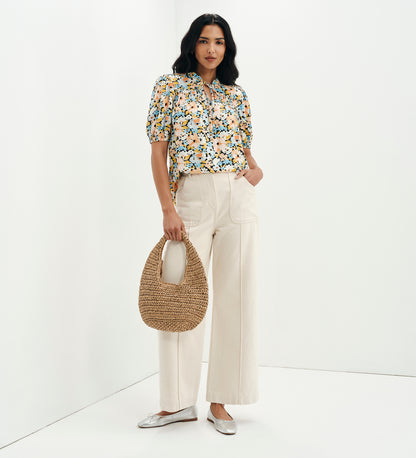 Macie Peach Floral Shirred Yoke Puff Sleeve Top