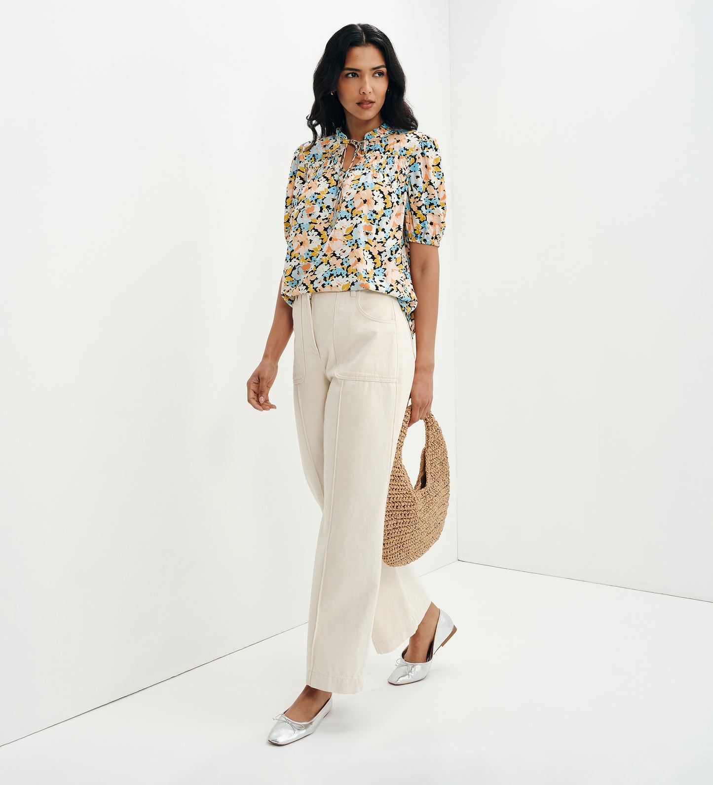 Macie Peach Floral Shirred Yoke Puff Sleeve Top