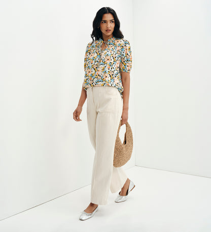 Macie Peach Floral Shirred Yoke Puff Sleeve Top
