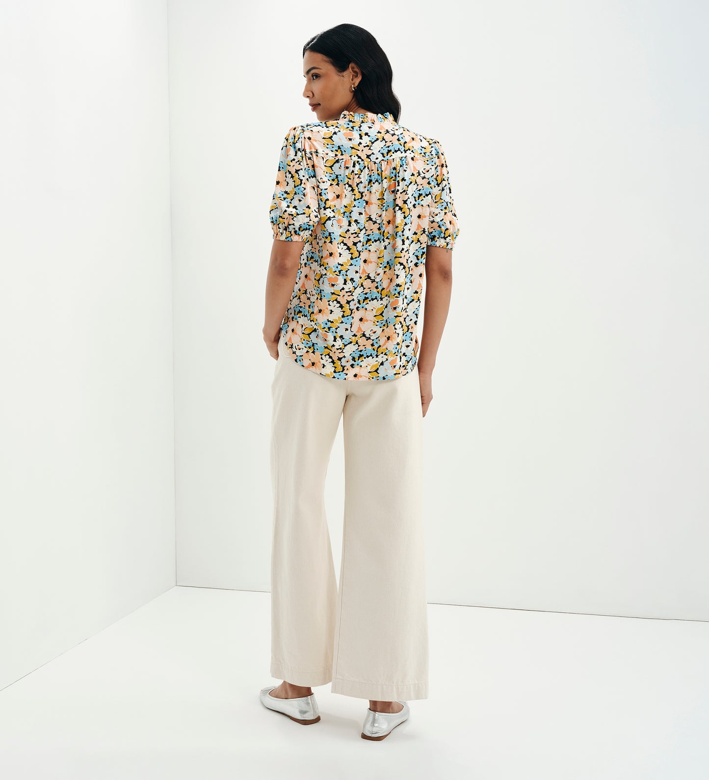 Macie Peach Floral Shirred Yoke Puff Sleeve Top