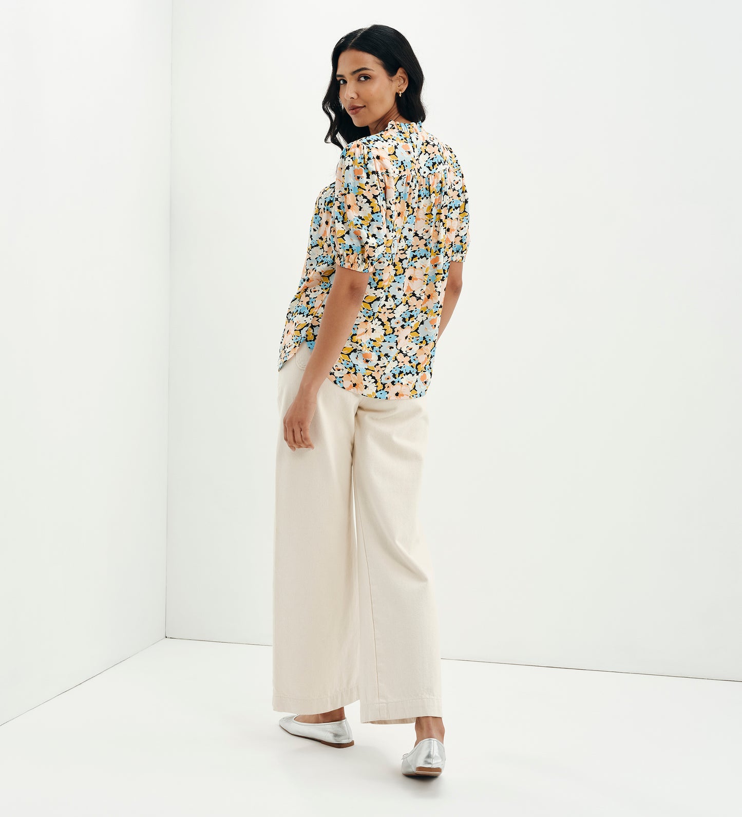 Macie Peach Floral Shirred Yoke Puff Sleeve Top