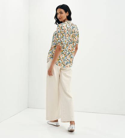 Macie Peach Floral Shirred Yoke Puff Sleeve Top