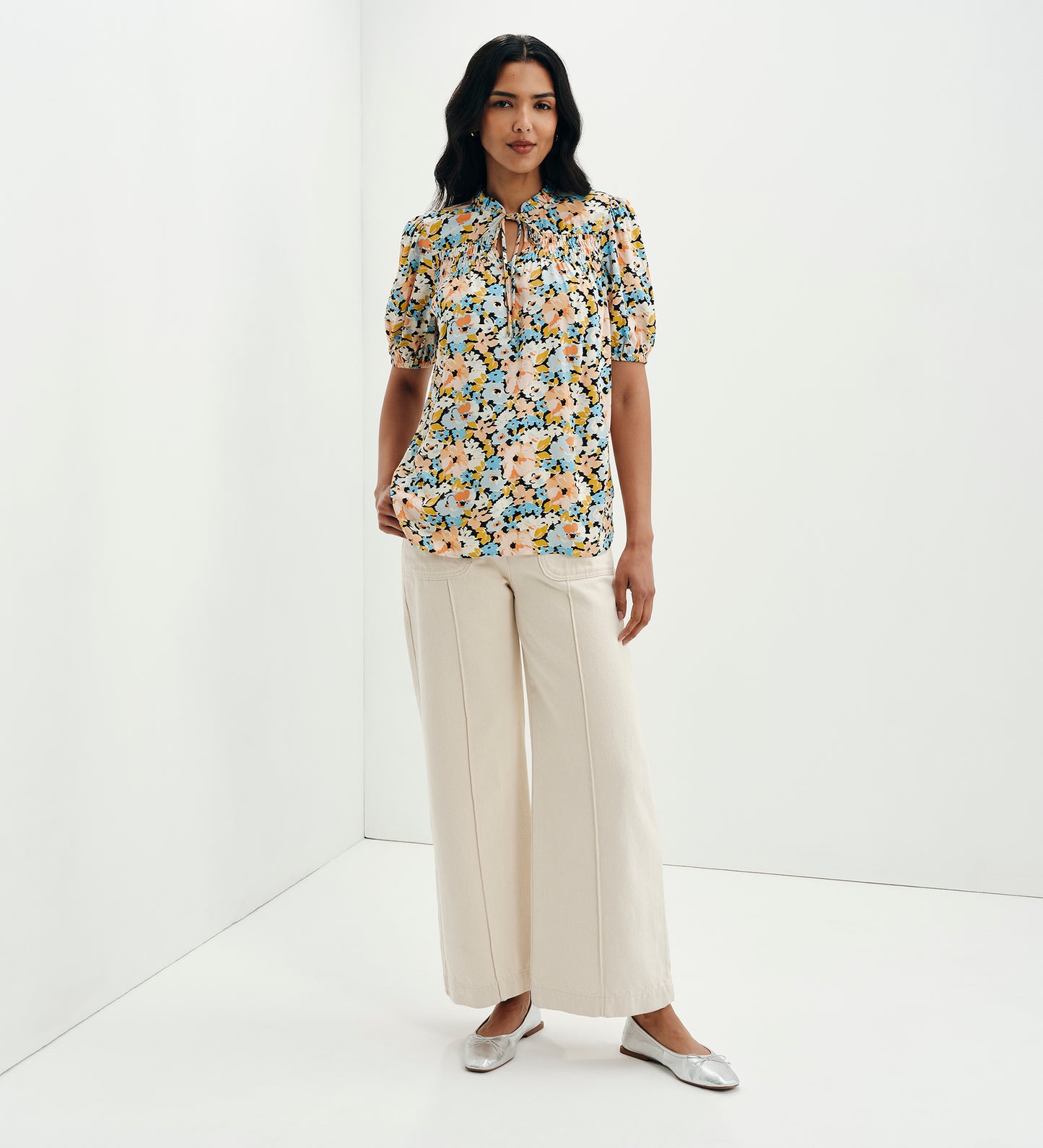 Macie Peach Floral Shirred Yoke Puff Sleeve Top