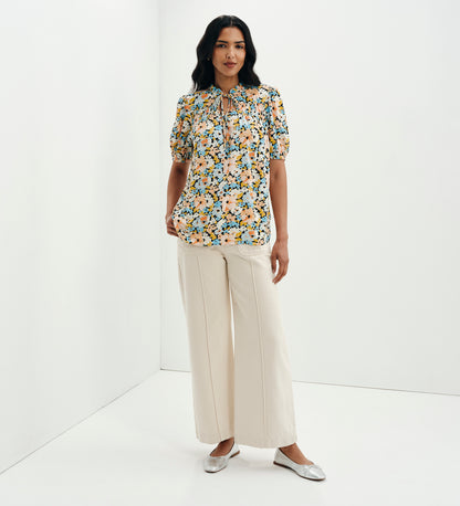 Macie Peach Floral Shirred Yoke Puff Sleeve Top