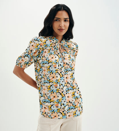 Macie Peach Floral Shirred Yoke Puff Sleeve Top