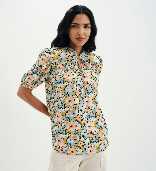 Macie Peach Floral Shirred Yoke Puff Sleeve Top