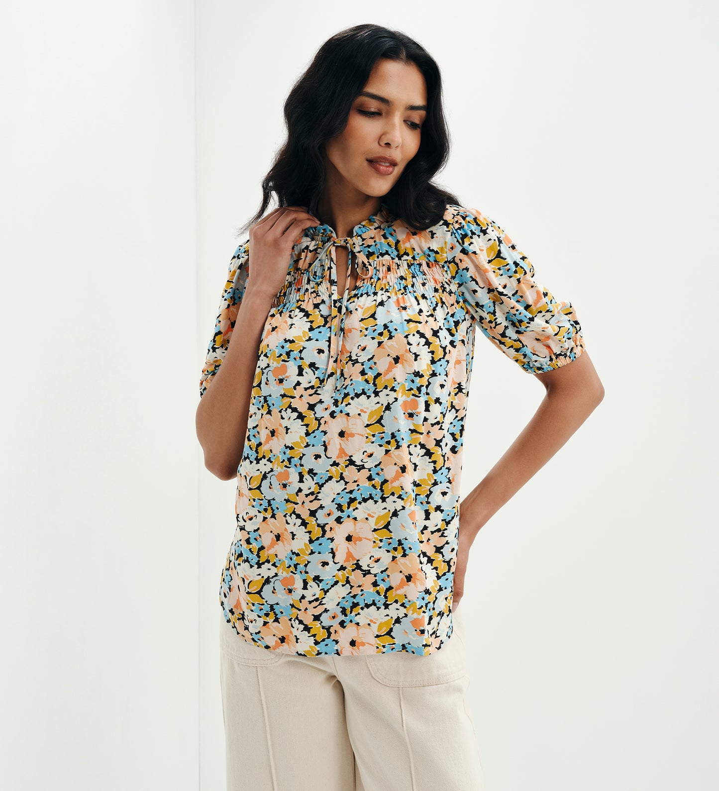 Macie Peach Floral Shirred Yoke Puff Sleeve Top