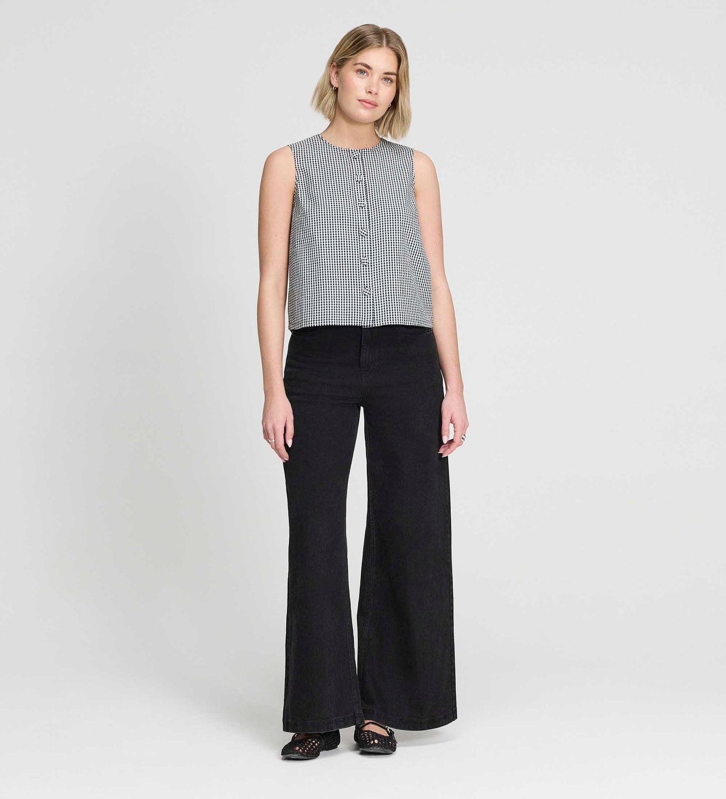 Maggie Black Gingham Cotton Sleeveless Button-Through Top