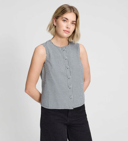 Maggie Black Gingham Cotton Sleeveless Button-Through Top