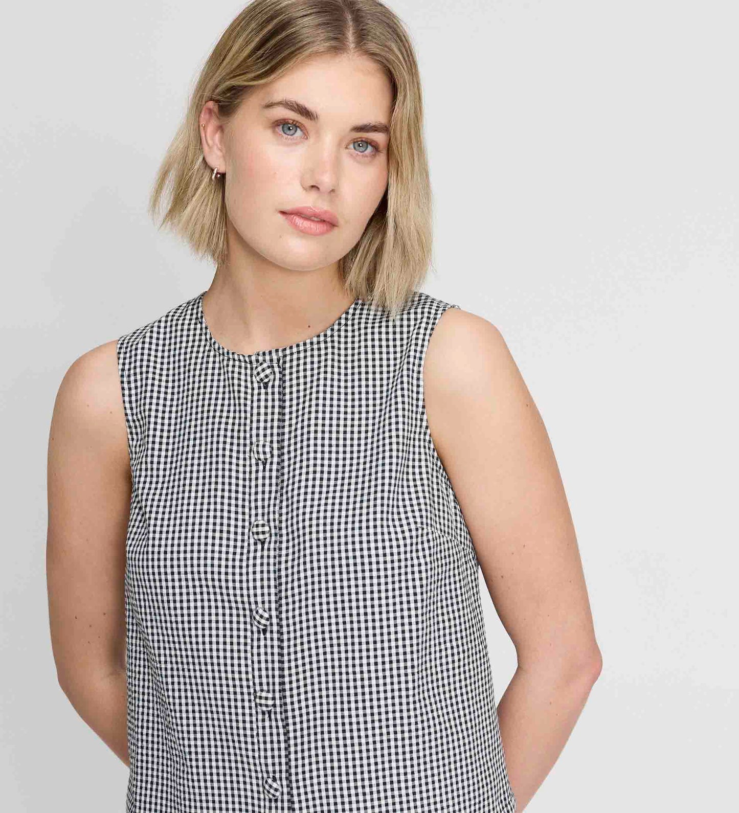Maggie Black Gingham Cotton Sleeveless Button-Through Top