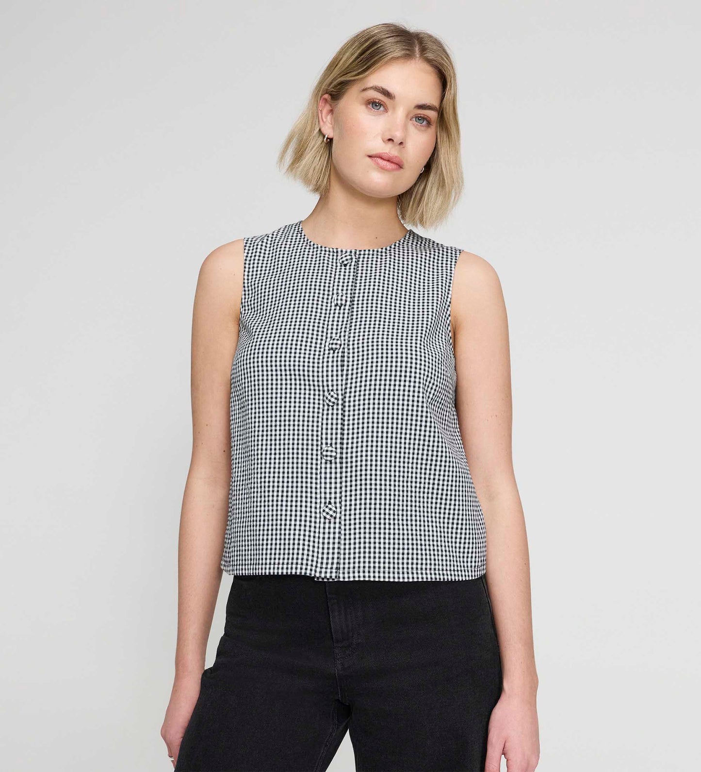 Maggie Black Gingham Cotton Sleeveless Button-Through Top