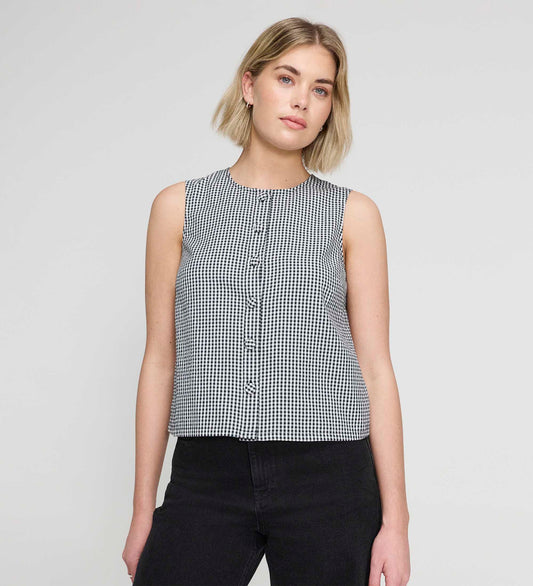 Maggie Black Gingham Cotton Sleeveless Button-Through Top