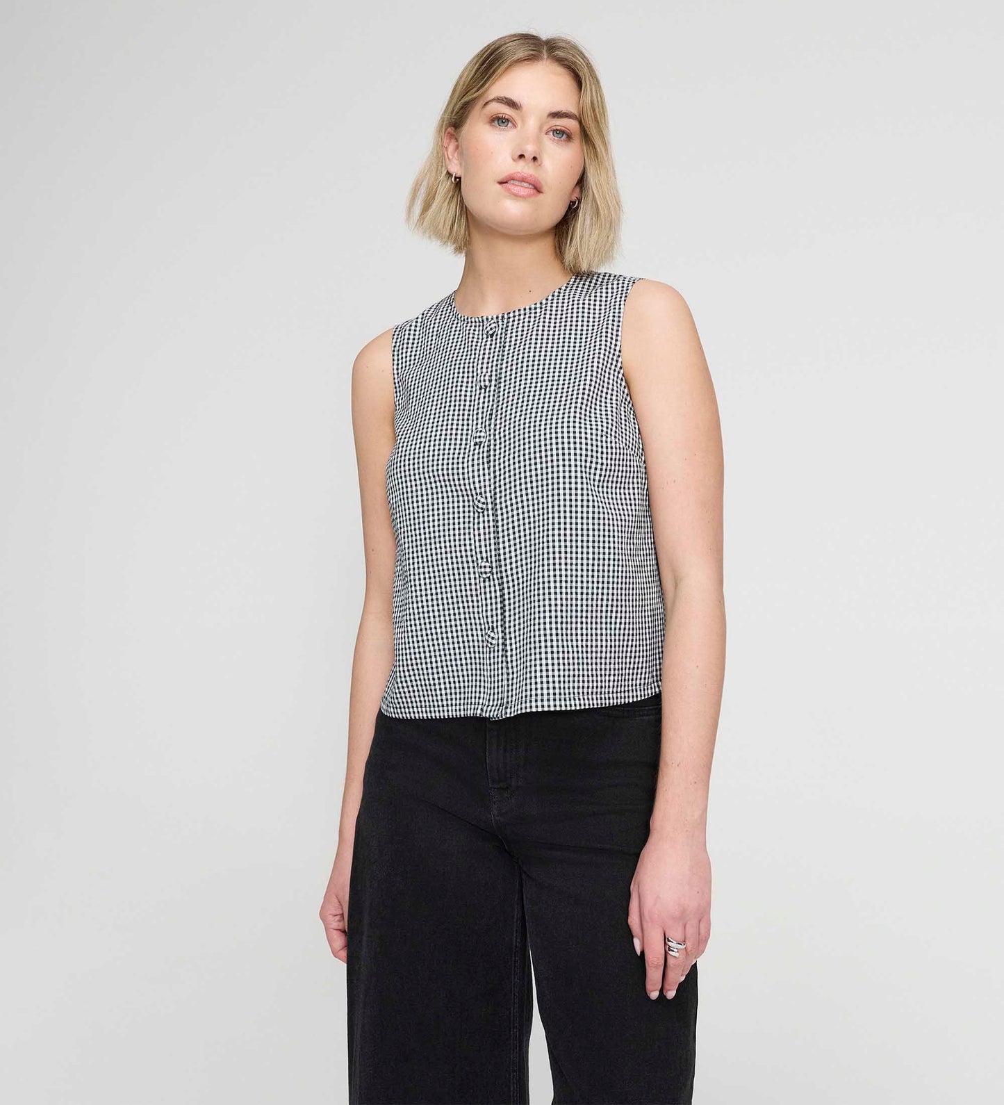 Maggie Black Gingham Cotton Sleeveless Button-Through Top