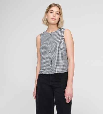 Maggie Black Gingham Cotton Sleeveless Button-Through Top