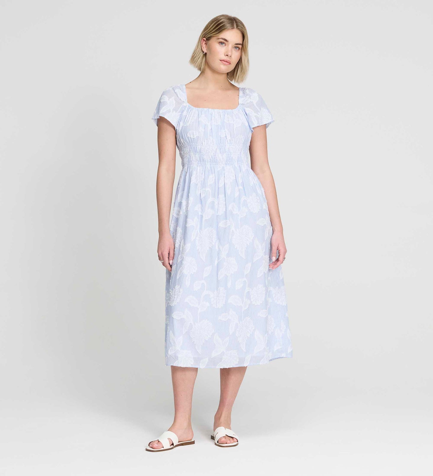 Maia Blue Floral Jacquard Stripe Shirred Waist Midi Dress