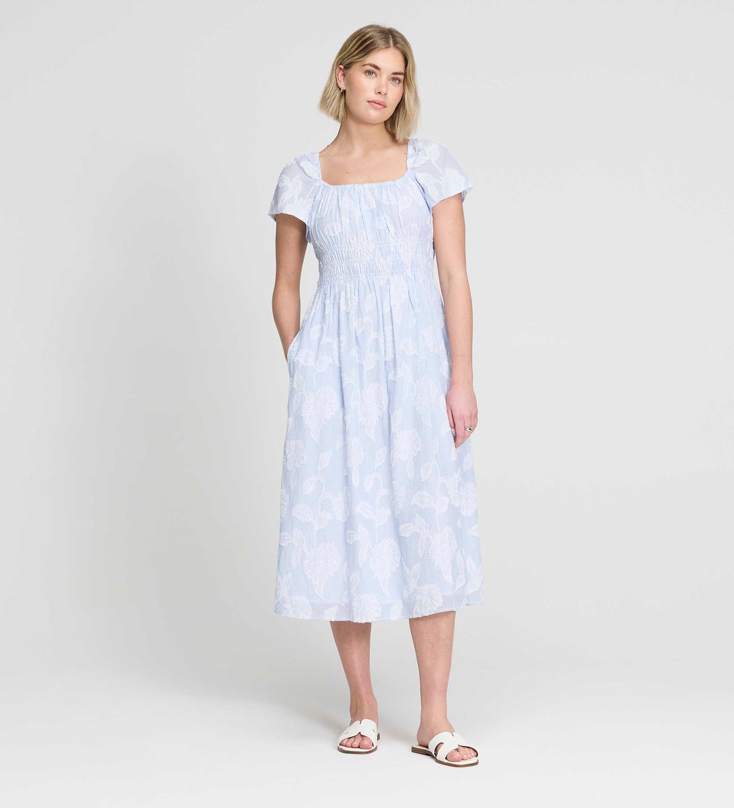 Maia Blue Floral Jacquard Stripe Shirred Waist Midi Dress