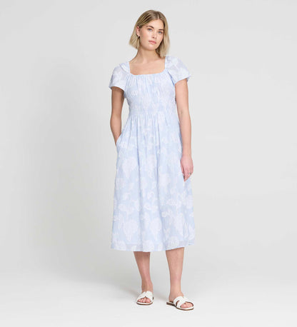 Maia Blue Floral Jacquard Stripe Shirred Waist Midi Dress