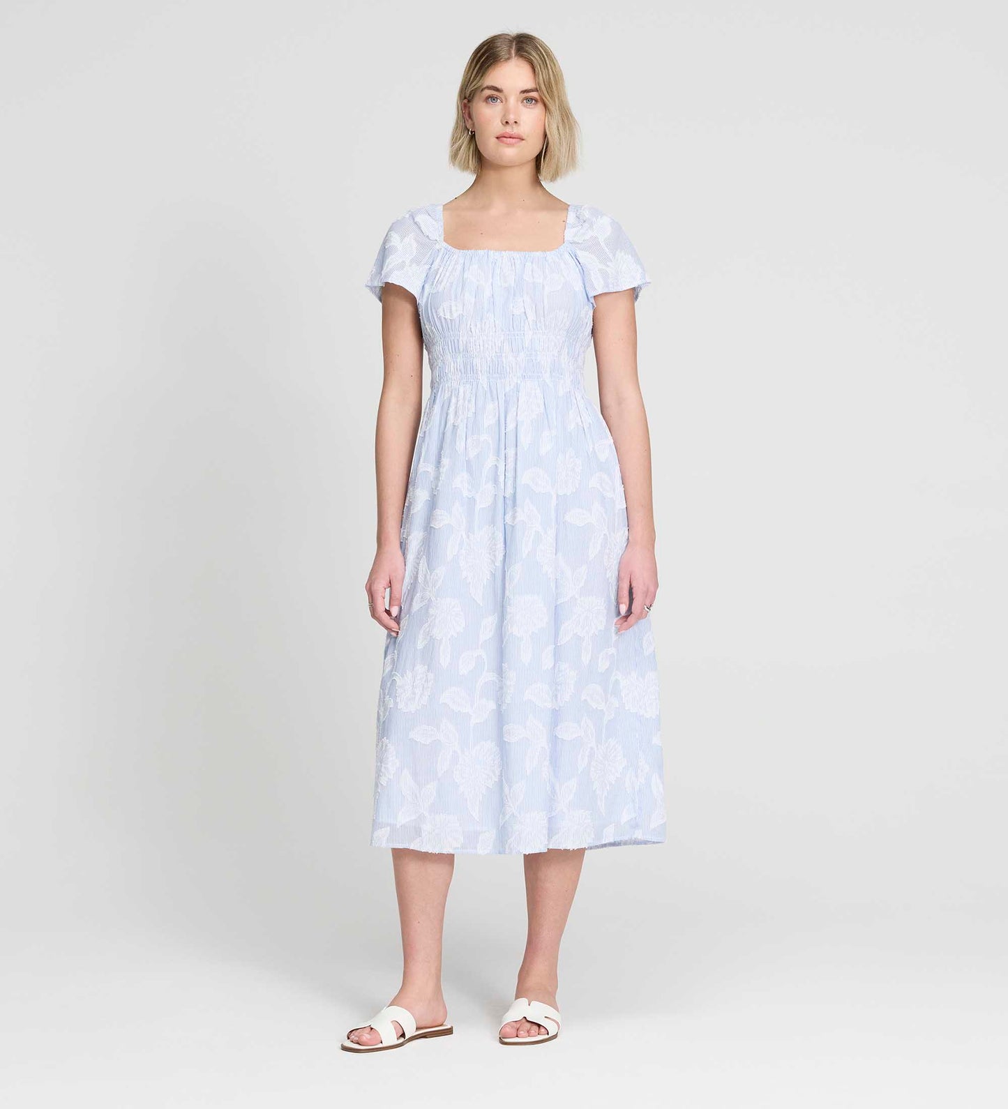 Maia Blue Floral Jacquard Stripe Shirred Waist Midi Dress