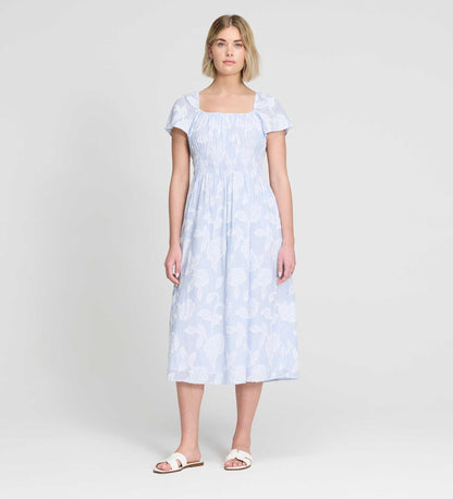 Maia Blue Floral Jacquard Stripe Shirred Waist Midi Dress