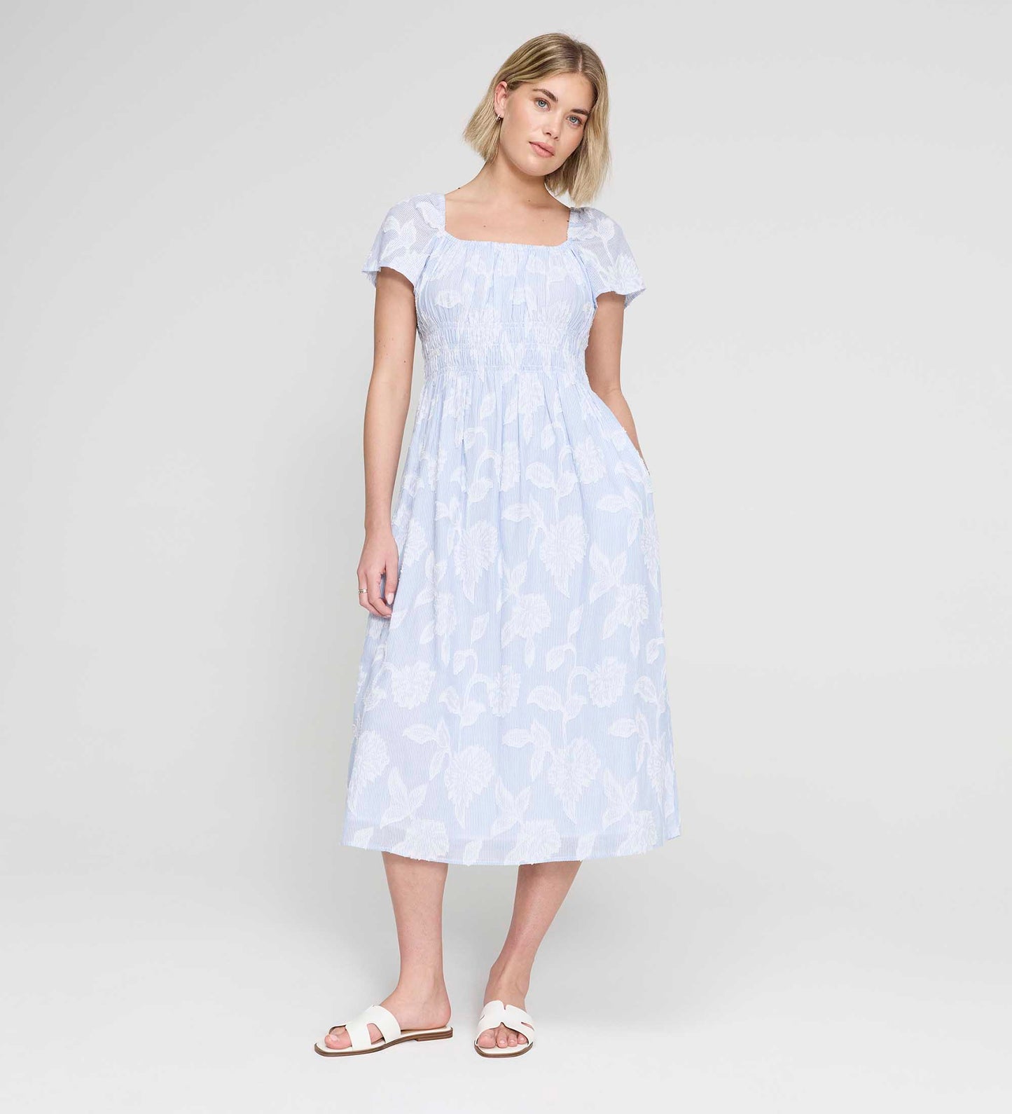 Maia Blue Floral Jacquard Stripe Shirred Waist Midi Dress