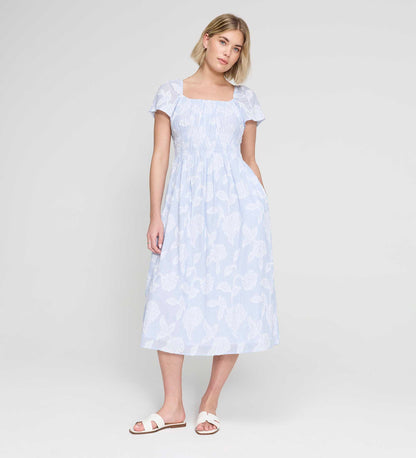 Maia Blue Floral Jacquard Stripe Shirred Waist Midi Dress