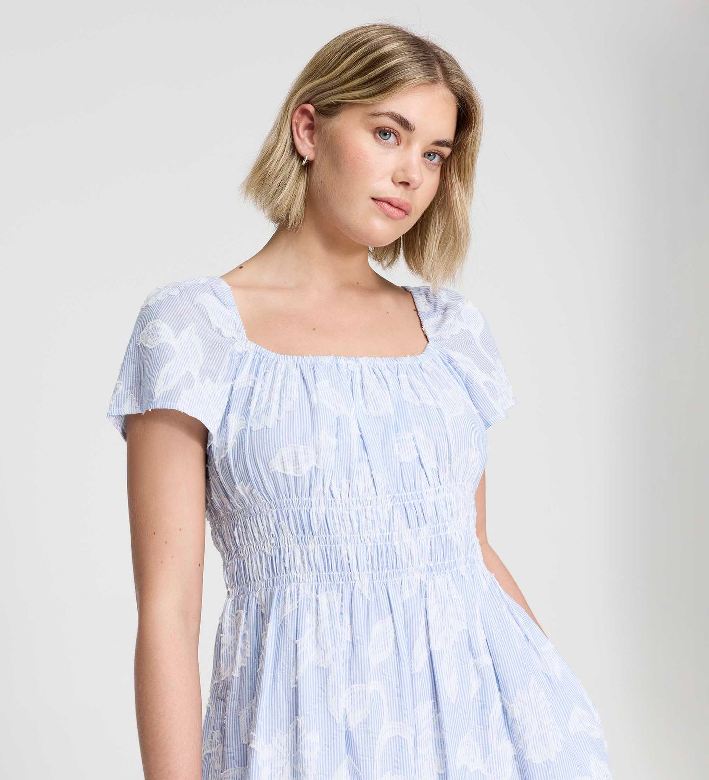 Maia Blue Floral Jacquard Stripe Shirred Waist Midi Dress