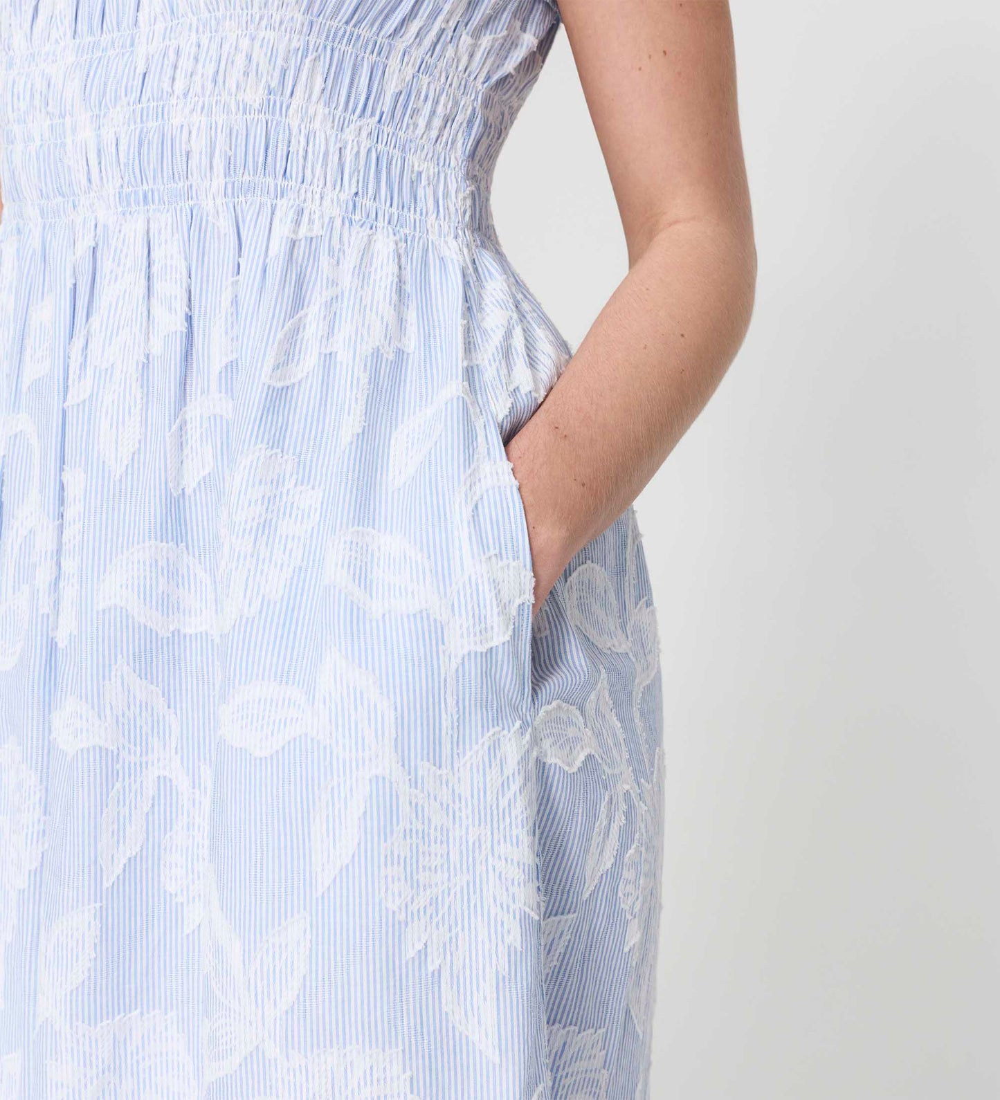 Maia Blue Floral Jacquard Stripe Shirred Waist Midi Dress