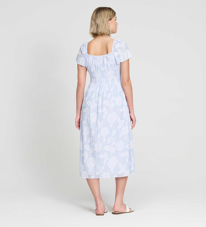Maia Blue Floral Jacquard Stripe Shirred Waist Midi Dress