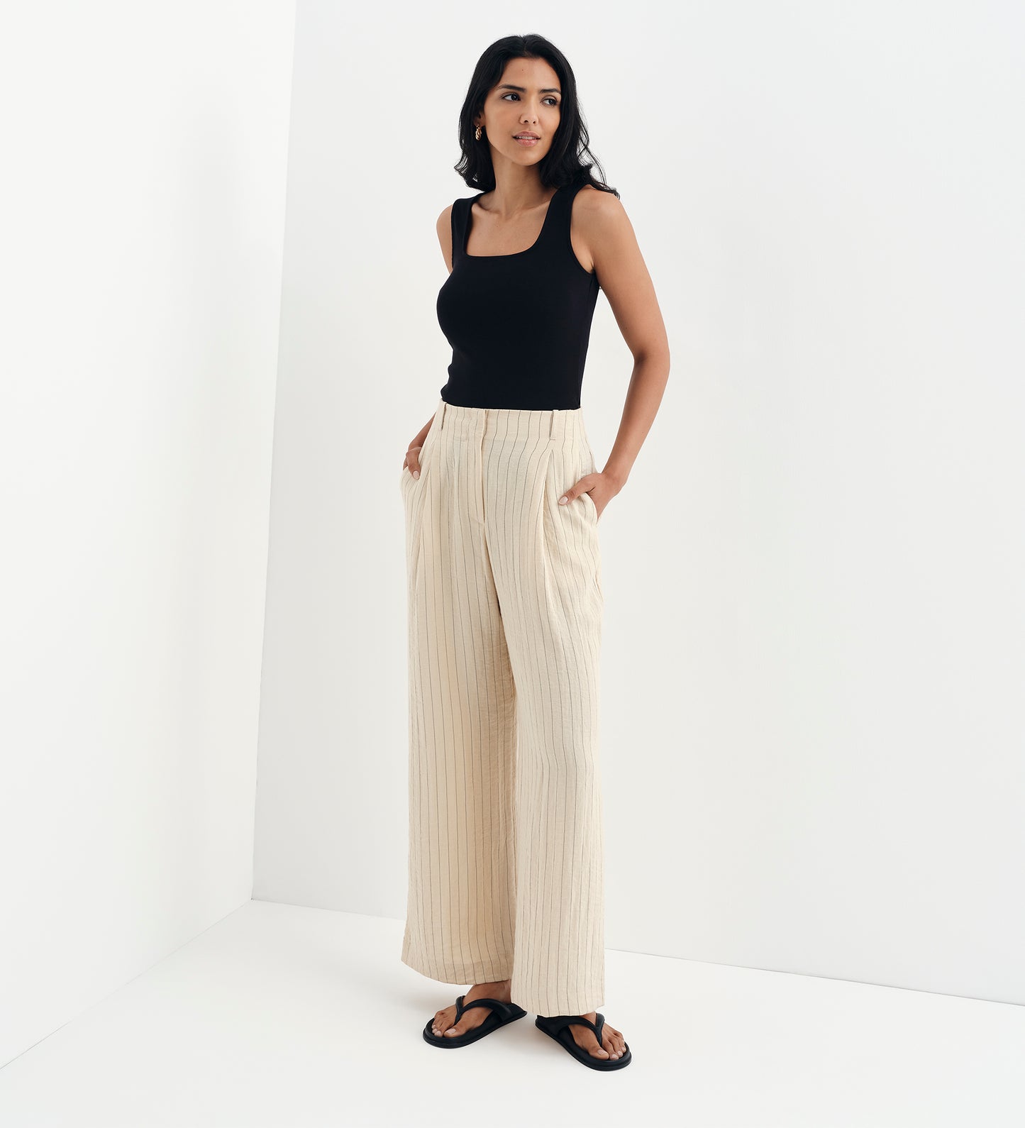 Mara Beige Stripe High Waisted Wide Leg Trousers