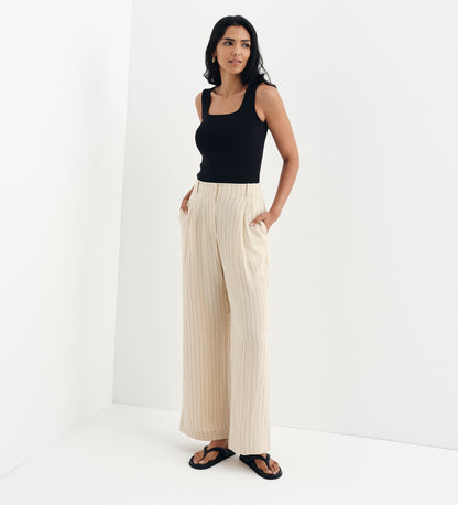 Mara Beige Stripe High Waisted Wide Leg Trousers