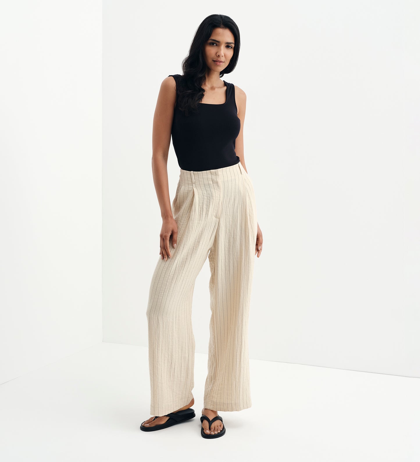Mara Beige Stripe High Waisted Wide Leg Trousers