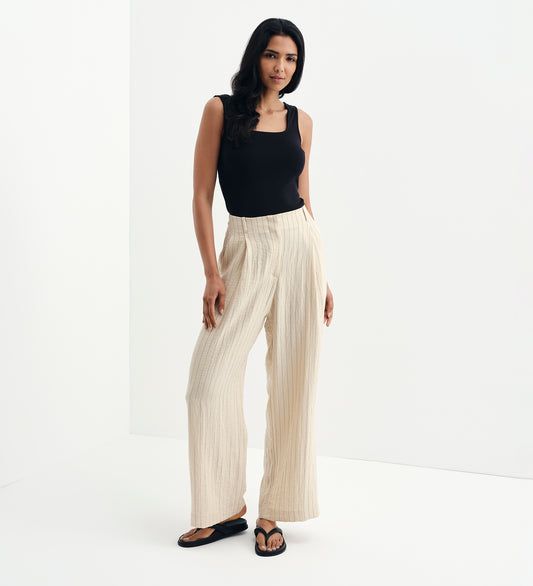Mara Beige Stripe High Waisted Wide Leg Trousers