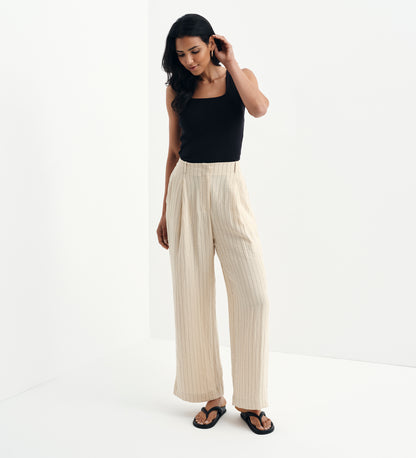 Mara Beige Stripe High Waisted Wide Leg Trousers