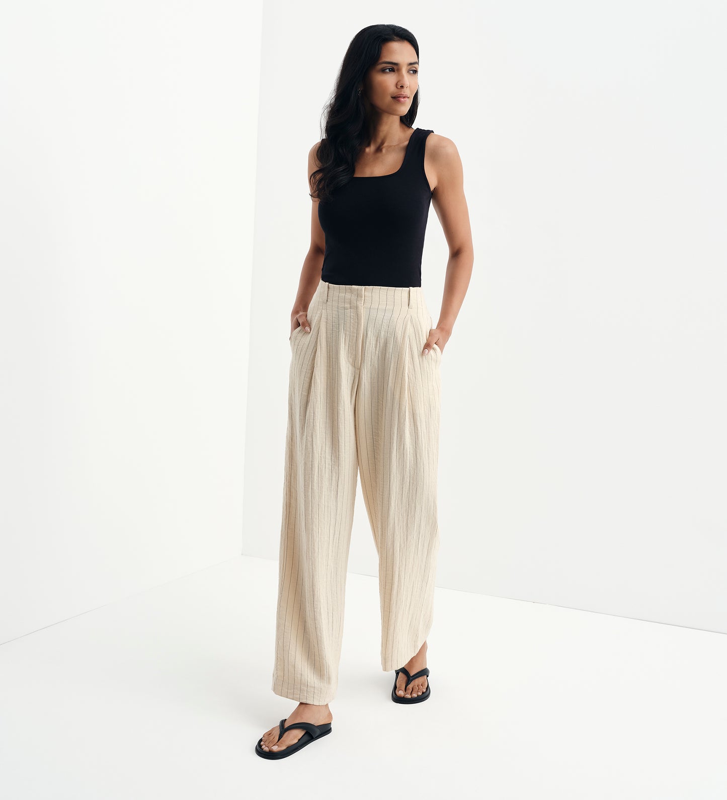 Mara Beige Stripe High Waisted Wide Leg Trousers