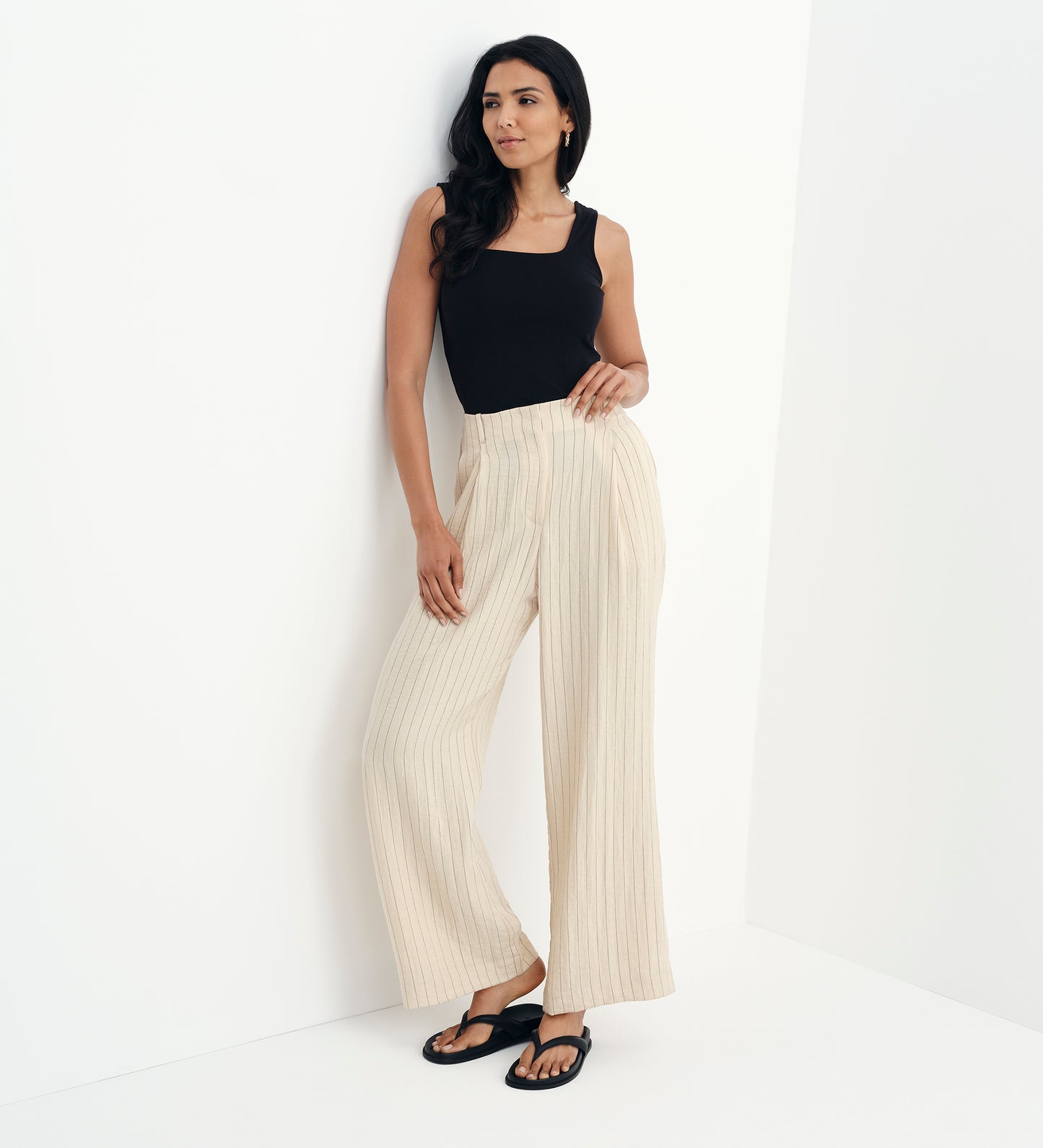 Mara Beige Stripe High Waisted Wide Leg Trousers