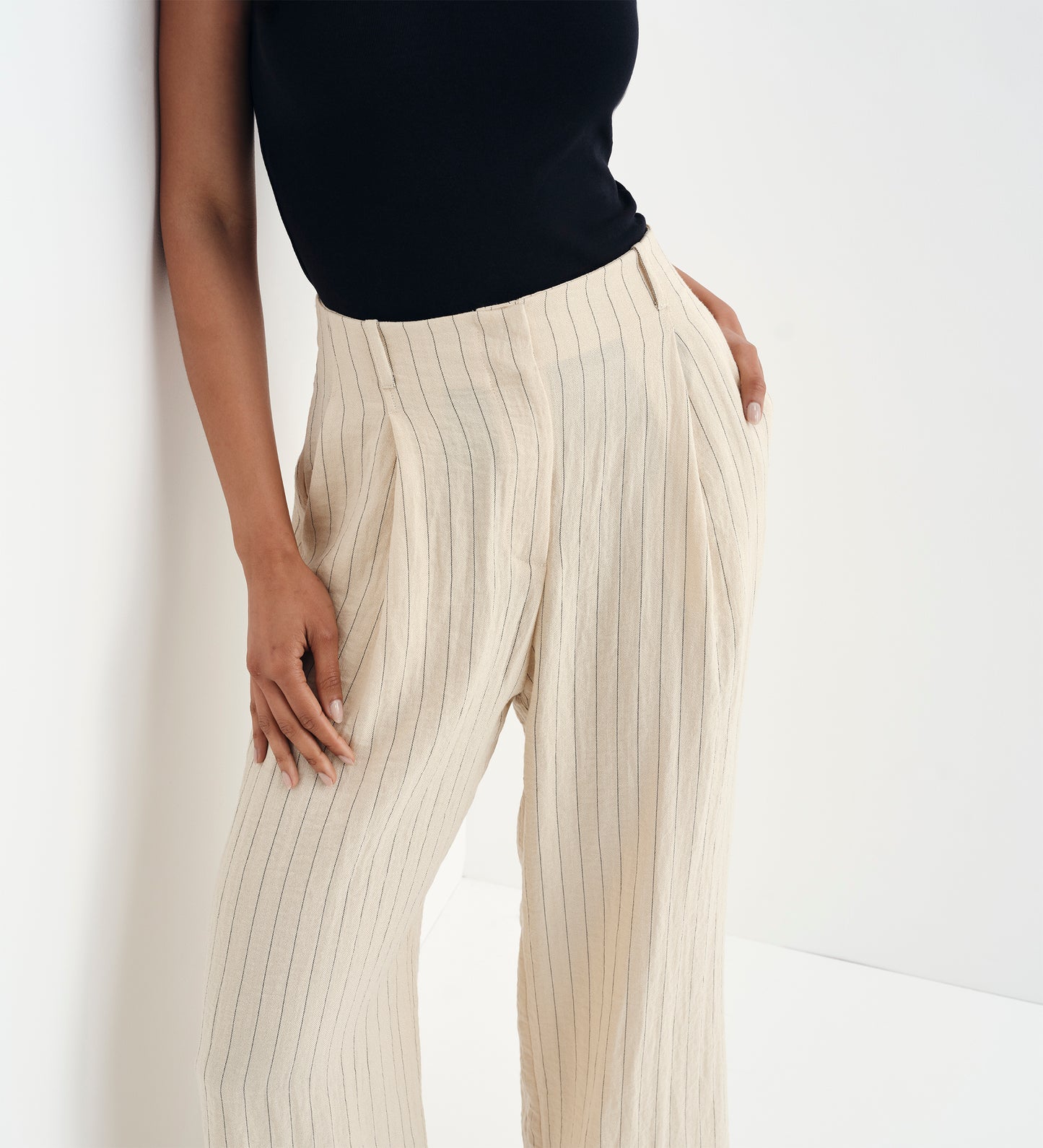 Mara Beige Stripe High Waisted Wide Leg Trousers