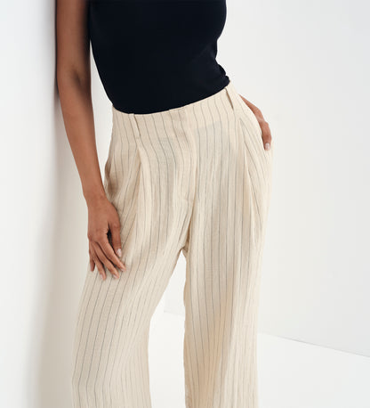 Mara Beige Stripe High Waisted Wide Leg Trousers