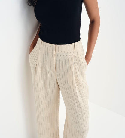 Mara Beige Stripe High Waisted Wide Leg Trousers