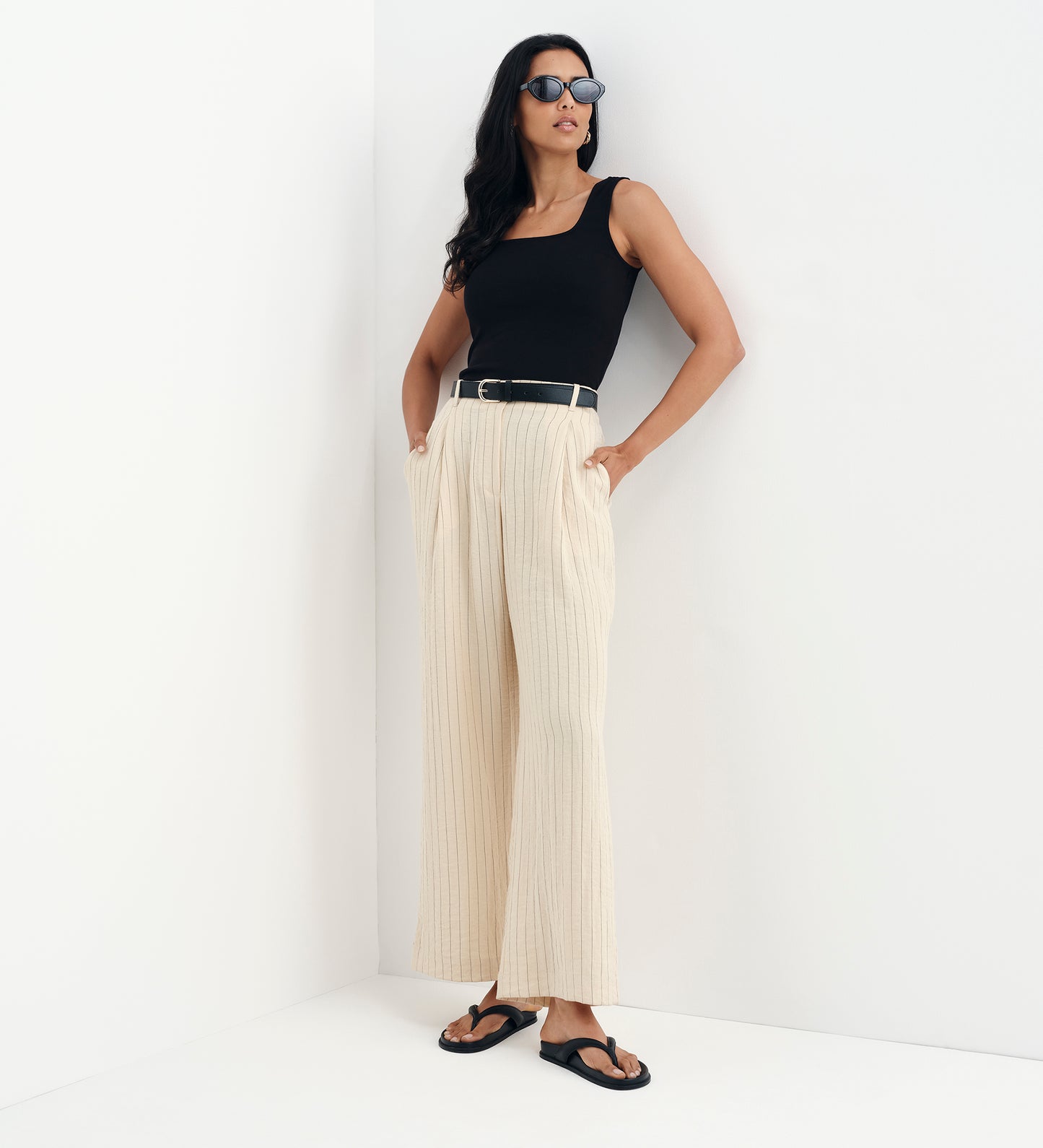 Mara Beige Stripe High Waisted Wide Leg Trousers