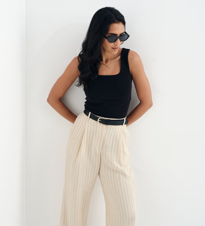 Mara Beige Stripe High Waisted Wide Leg Trousers