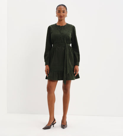 Marianne Green Corduroy Pintuck Belted Tiered Mini Dress